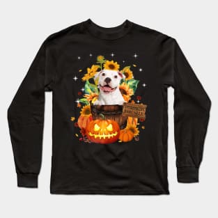 White Pitbull Halloween Pumpkin Fall Bucket Long Sleeve T-Shirt